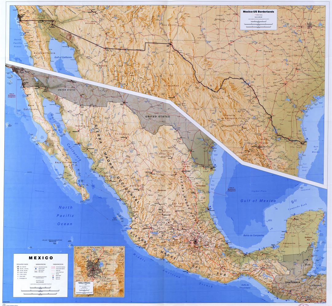 Крупномасштабная детальная политическая и административная карта Мексики с рельефом, дорогами, железными дорогами, городами, портами и аэропортами - 1993