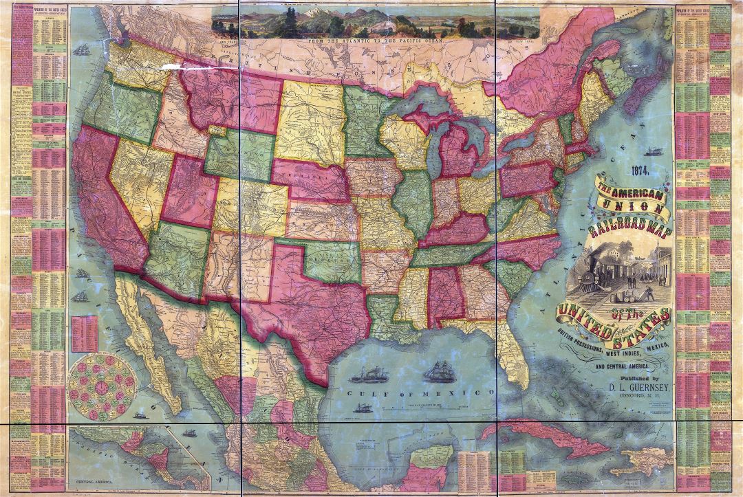 Крупномасштабная подробная старая карта Американского Союза железных дорог Соединенных Штатов, Британских владений, Вест-Индии, Мексики и Центральной Америки - 1874