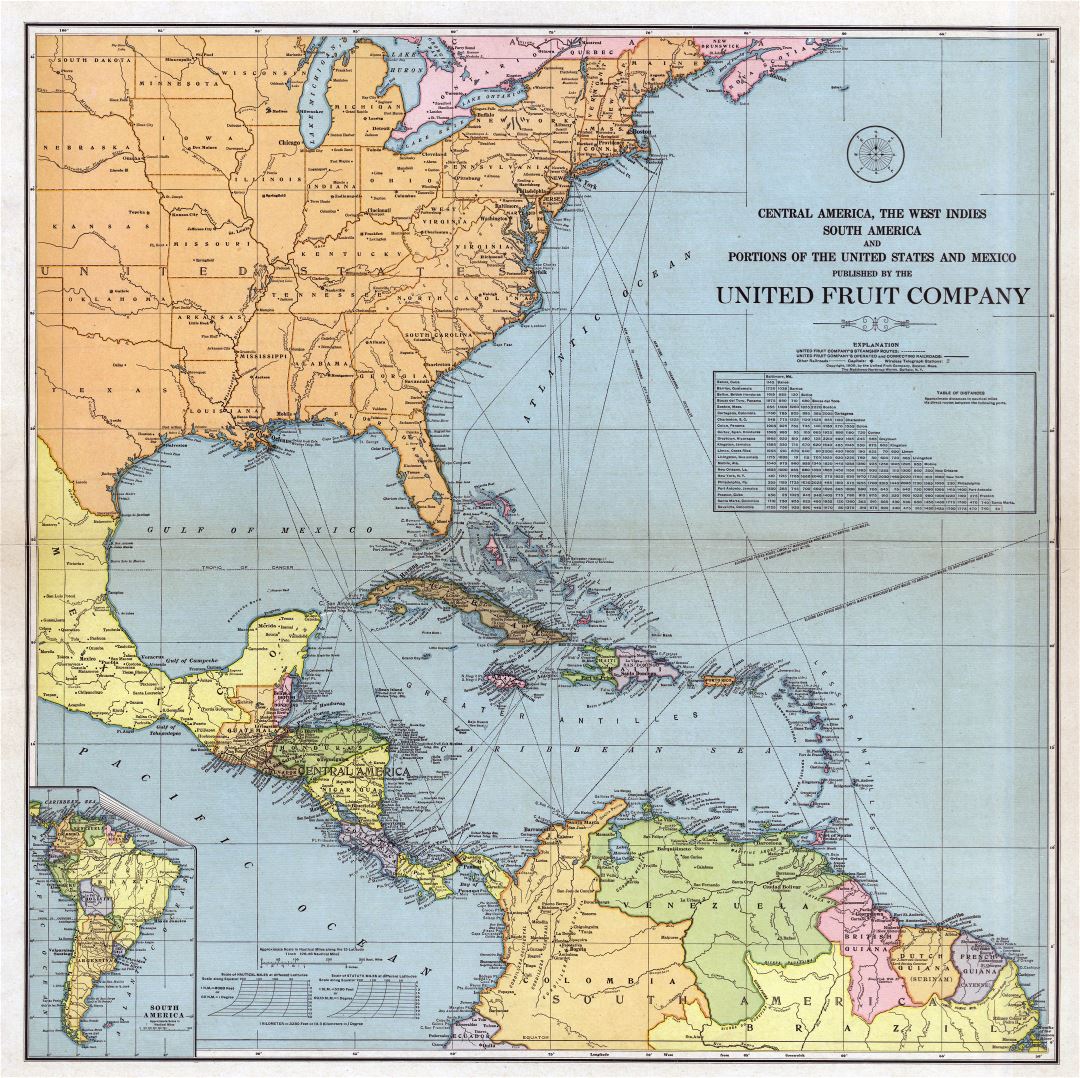 Крупномасштабная старая карта Центральной Америки, Вест-Индии, Южной Америки и части США и Мексики - 1909
