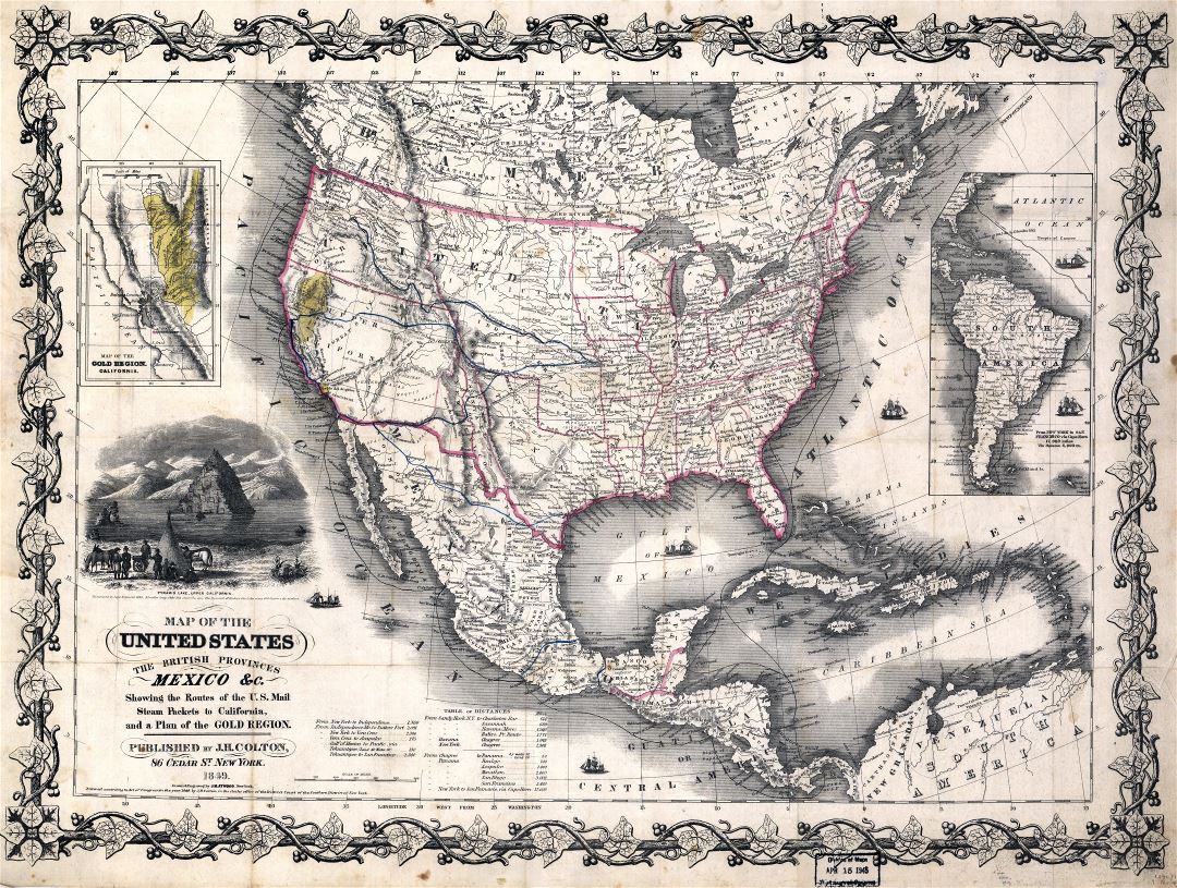 Крупномасштабная старая карта Соединенных Штатов, Британских провинций и Мексики - 1849