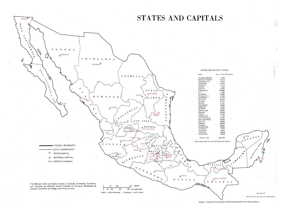 Большая карта штатов и столиц Мексики - 1975