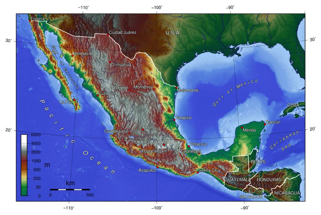Большая топографическая карта Мексики с крупными городами