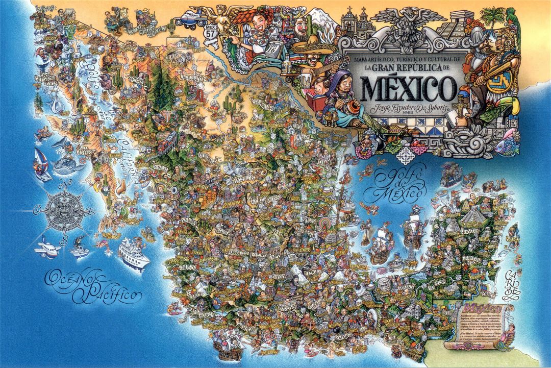 Большая туристическая иллюстрированная карта Мексики