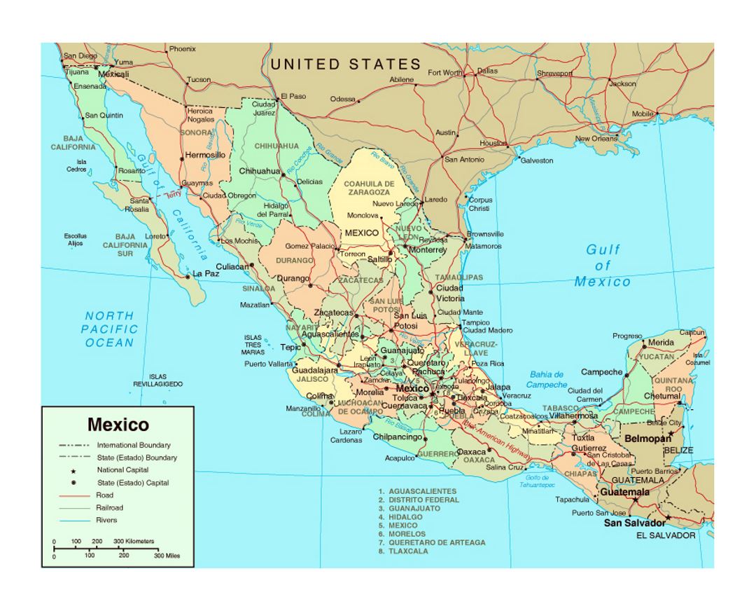 Политическая и административная карта Мексики с дорогами, железными дорогами, крупными городами и другими пометками