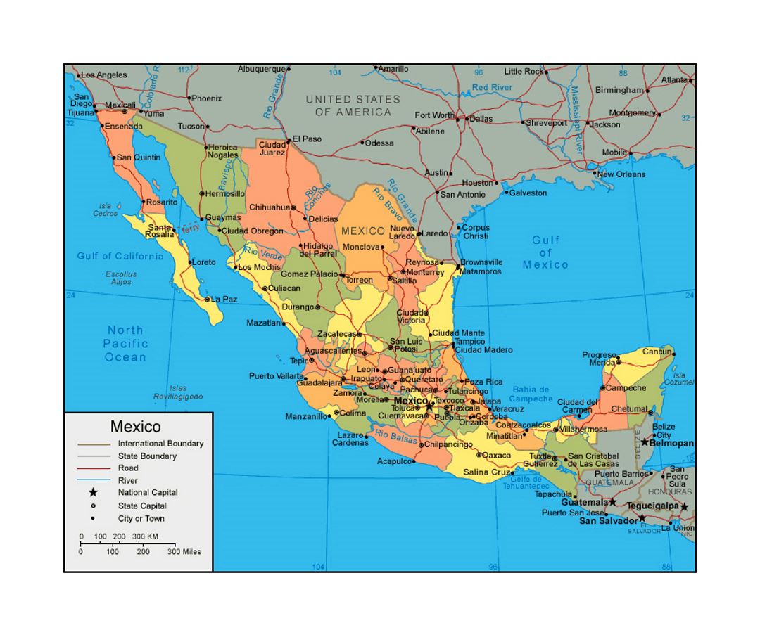 Политическая и административная карта Мексики с дорогами, железными дорогами, реками и городами