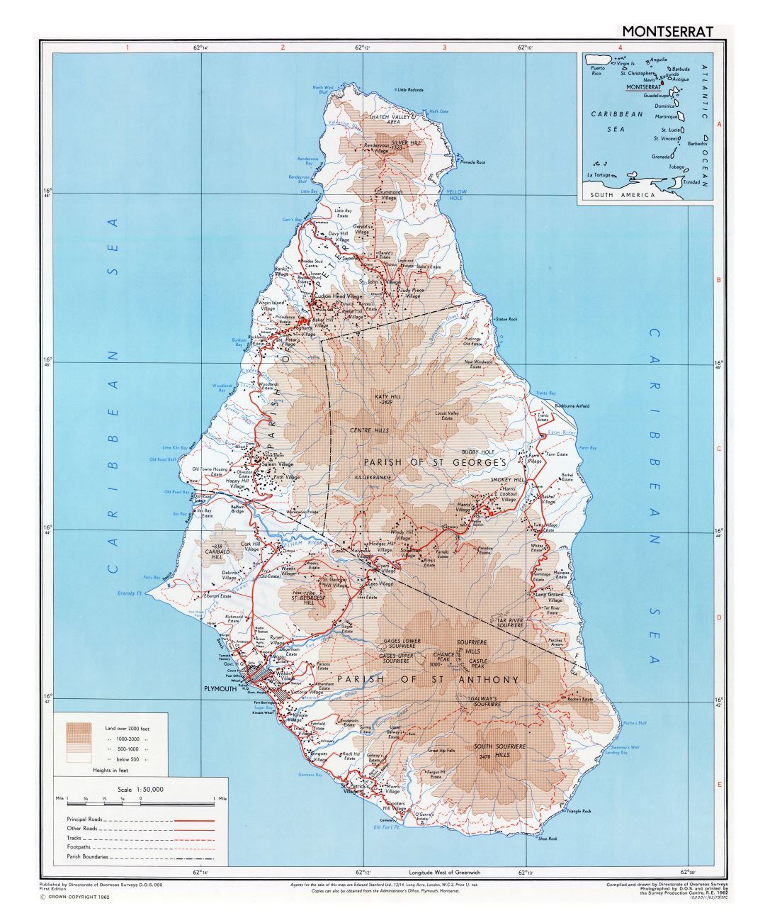 Большая детальная карта высот острова Монтсеррат с дорогами, городами, деревнями и другими пометками - 1962