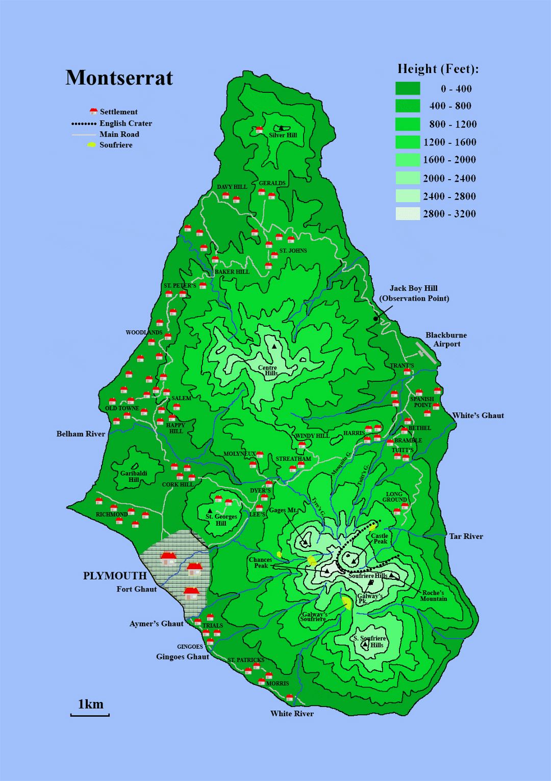 Большая карта высот острова Монтсеррат с населенными пунктами и другими пометками