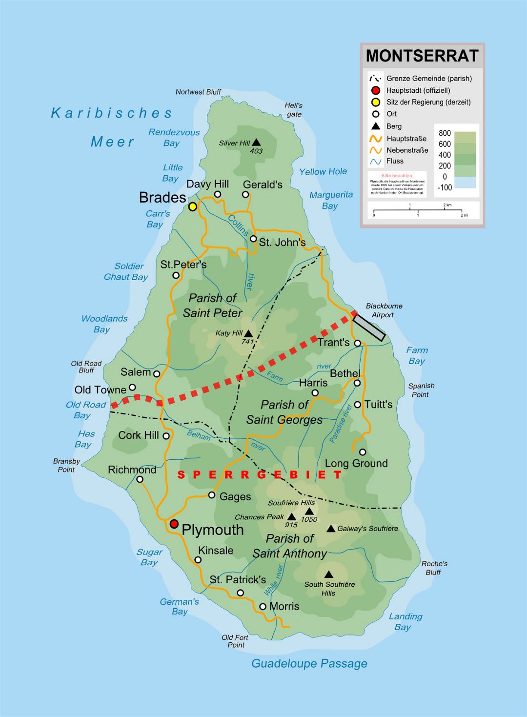 Большая физическая карта острова Монтсеррат с дорогами и другими пометками