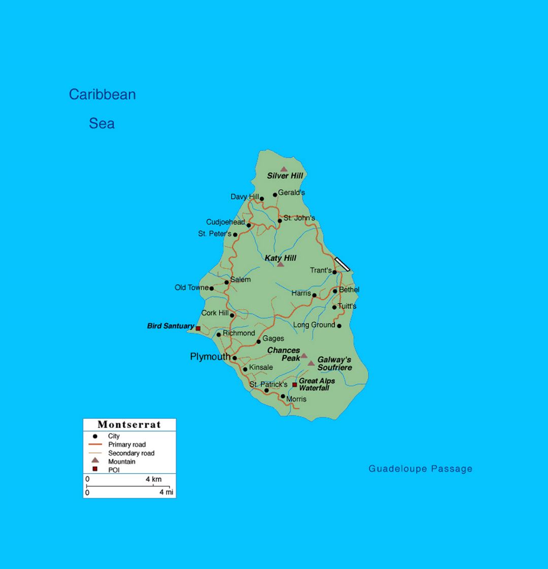 Карта дорог острова Монтсеррат с городами