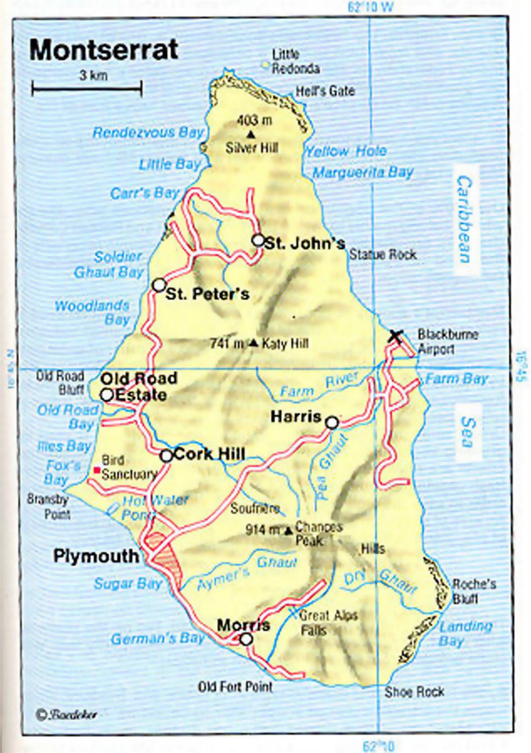 Карта дорог острова Монтсеррат с рельефом