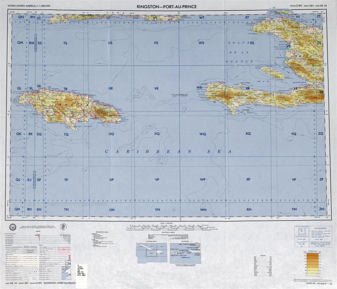 Большая подробная топографическая карта Ямайки, острова Навасса, Гаити и Кубы
