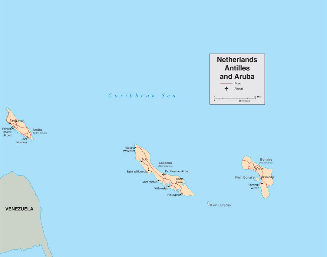 Подробная политическая карта Нидерландских Антильских островов и Арубы с дорогами, городами и аэропортами