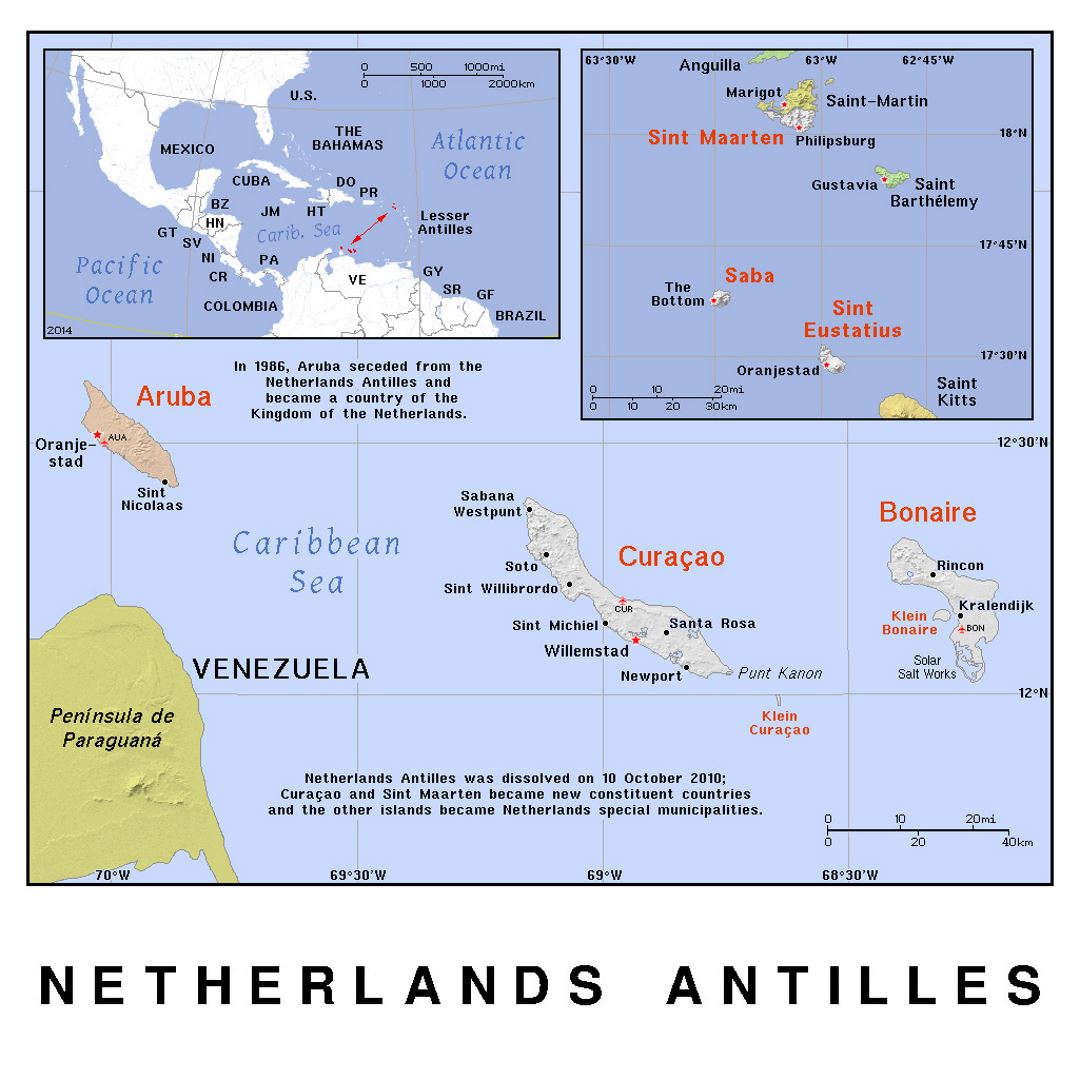 Детальная политическая карта Нидерландских Антильских островов с рельефом