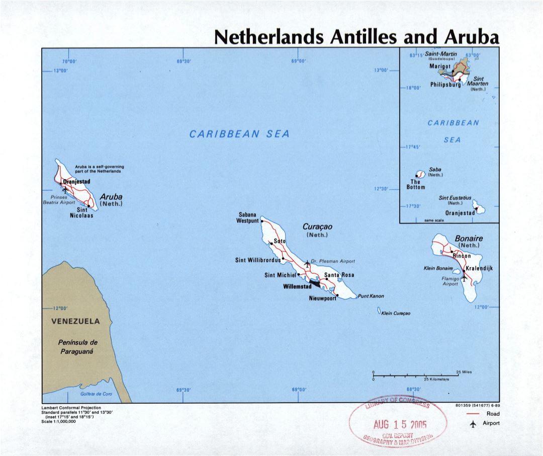 Большая детальная политическая карта Нидерландских Антильских островов и Арубы с дорогами, городами и аэропортами - 1989