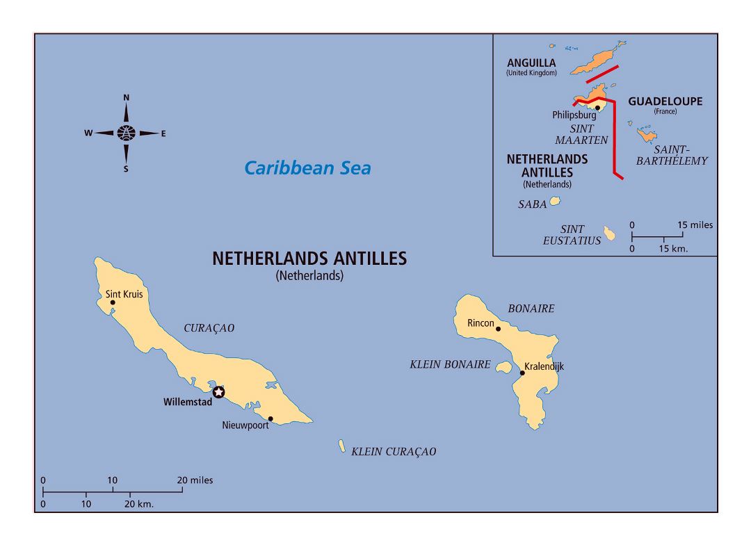 Большая детальная политическая карта Нидерландских Антильских островов с городами