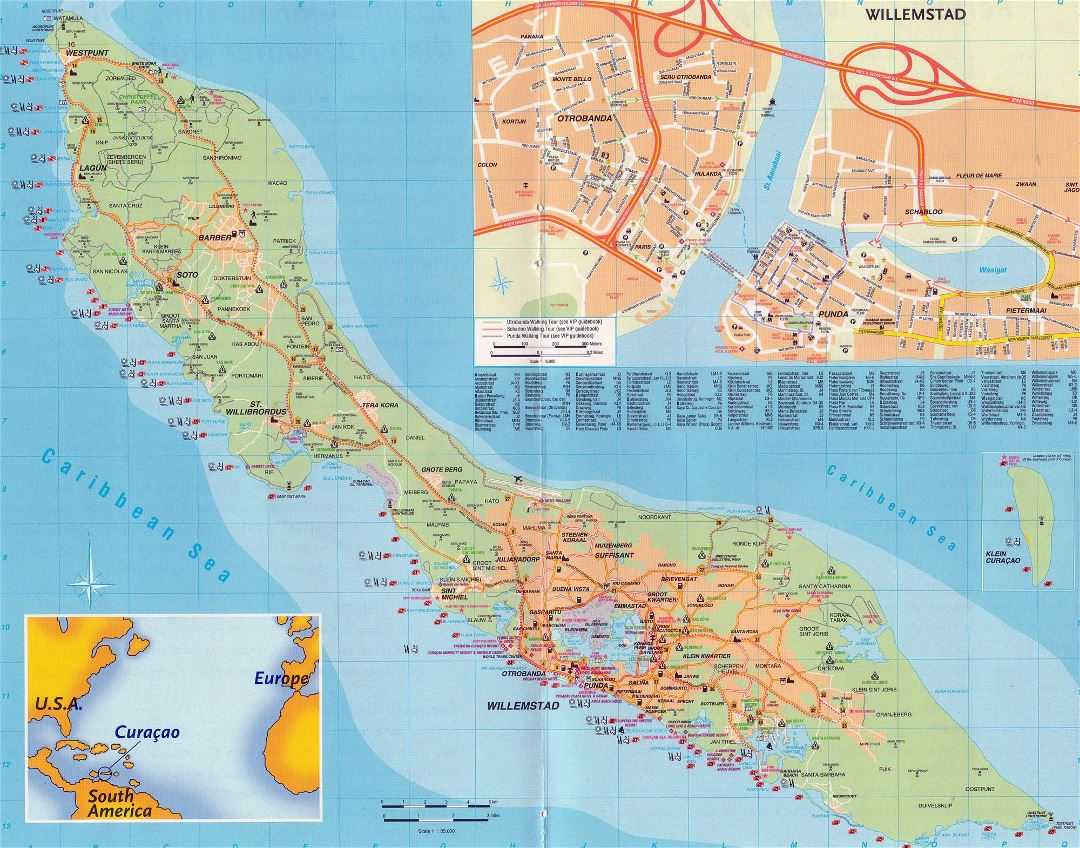 Большая подробная карта дорог и туристическая карта острова Кюрасао, Нидерландские Антильские острова