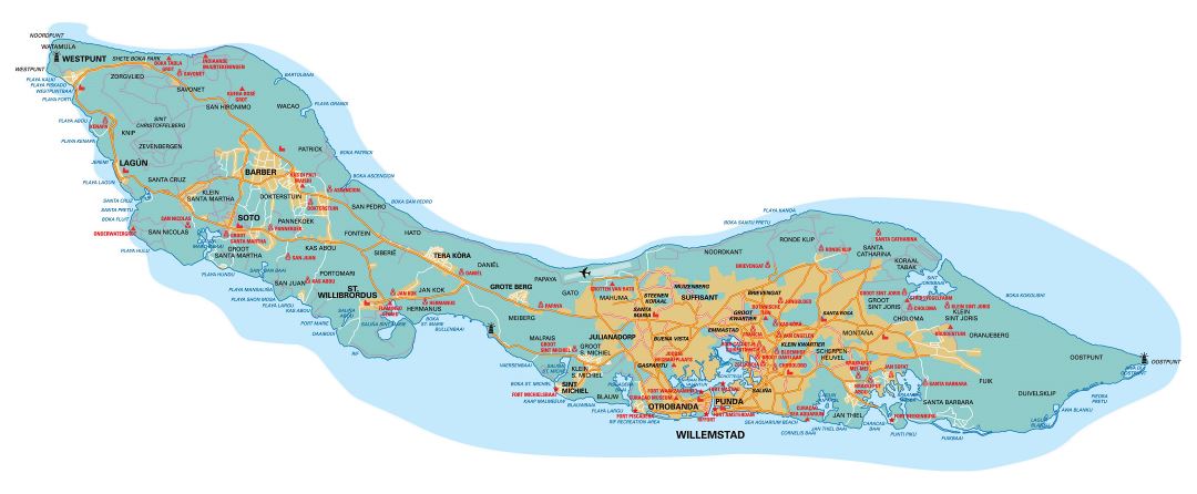 Большая подробная карта дорог Кюрасао, Нидерландских Антильских островов с аэропортом