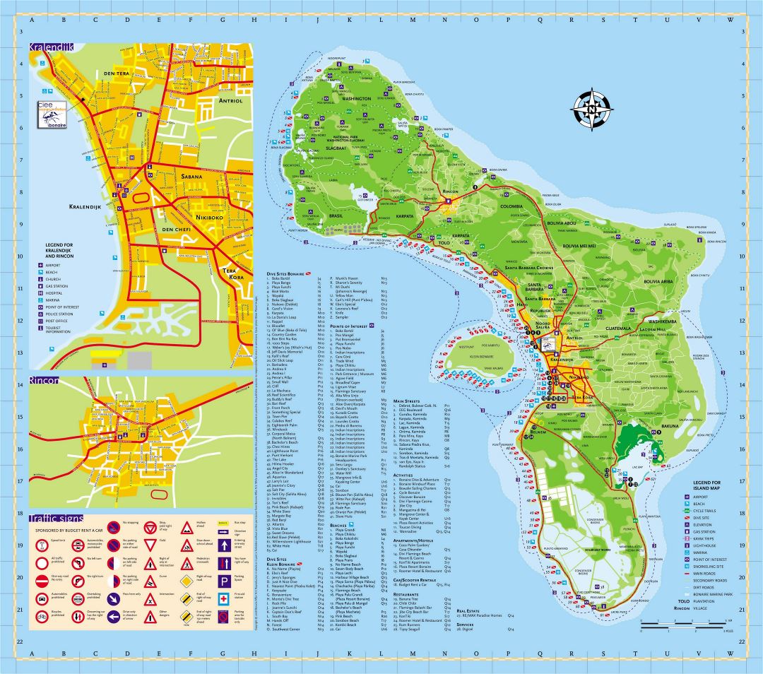 Большая детальная туристическая карта острова Бонайре, Нидерландских Антильских островов с дорогами