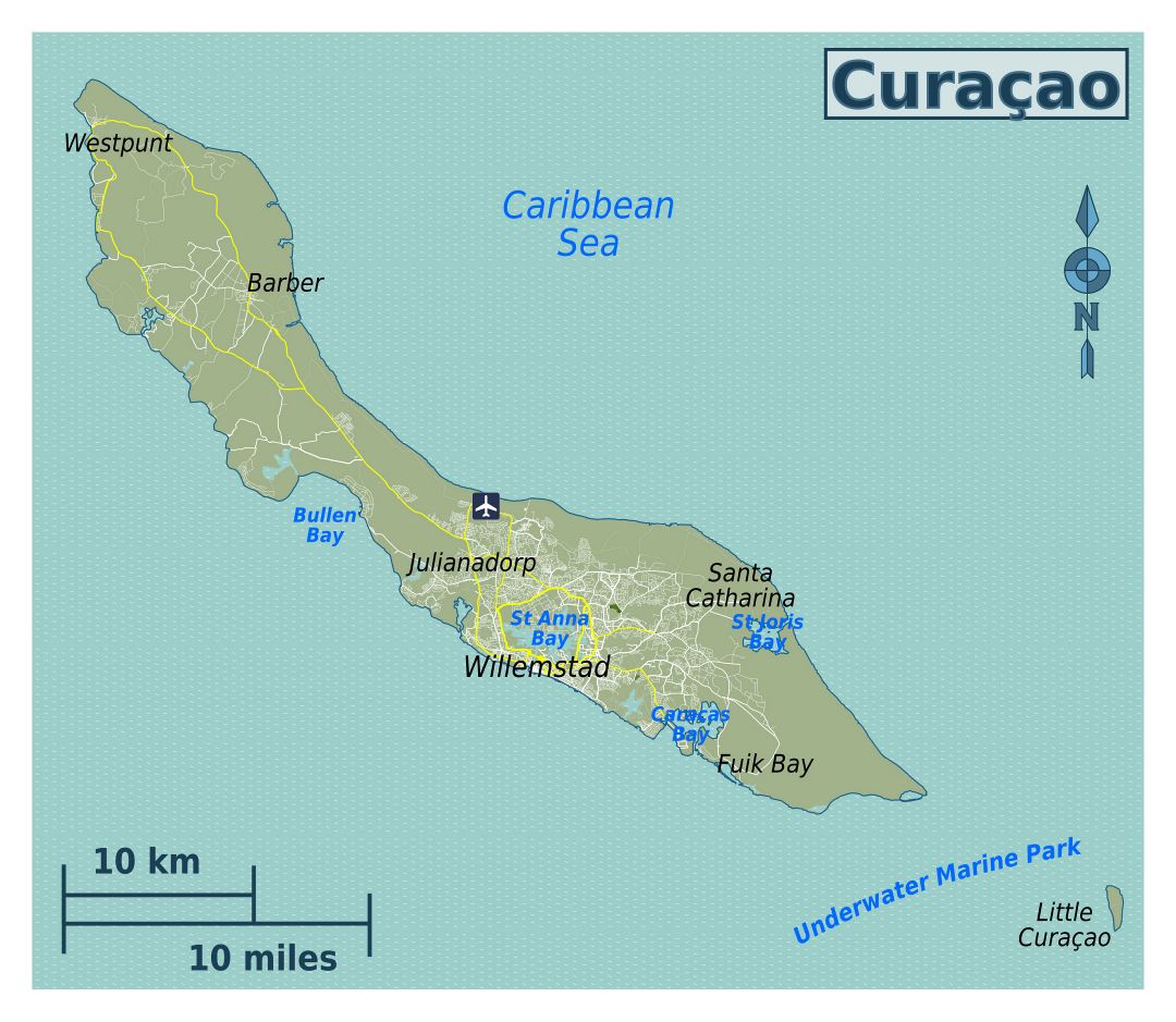 Большая карта Кюрасао, Нидерландских Антильских островов с дорогами, городами и аэропортом