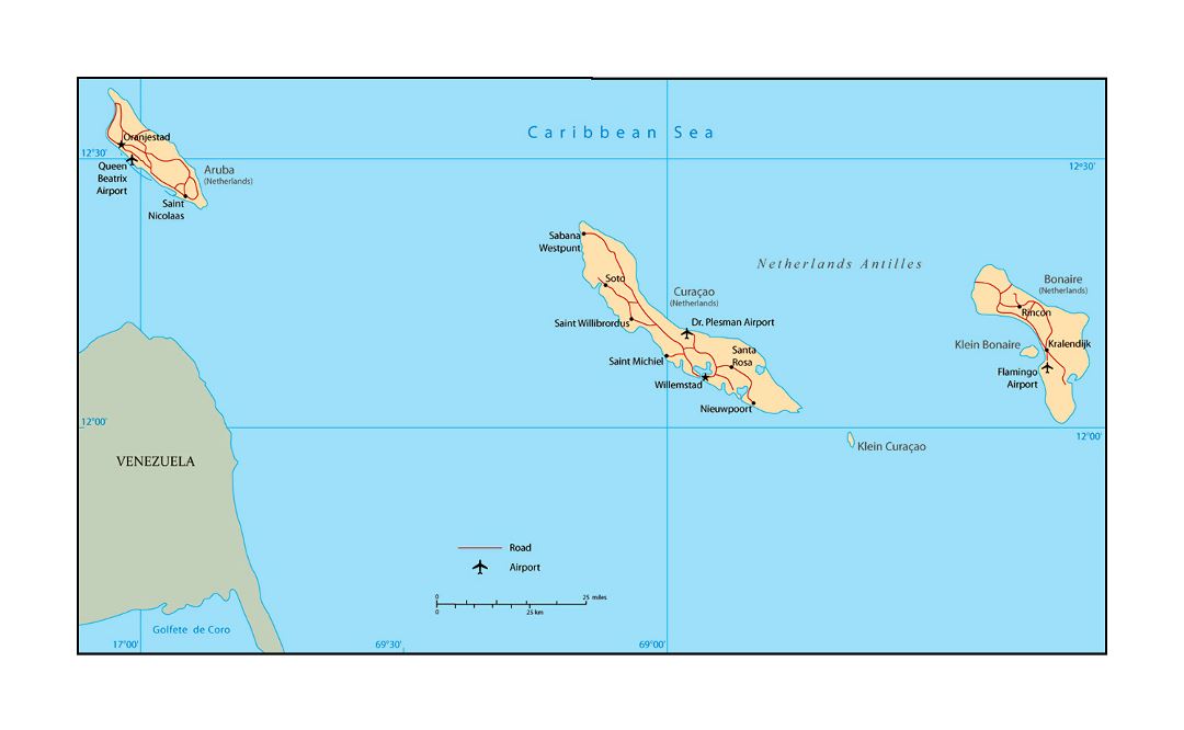 Большая политическая карта Нидерландских Антильских островов с дорогами, городами и аэропортами