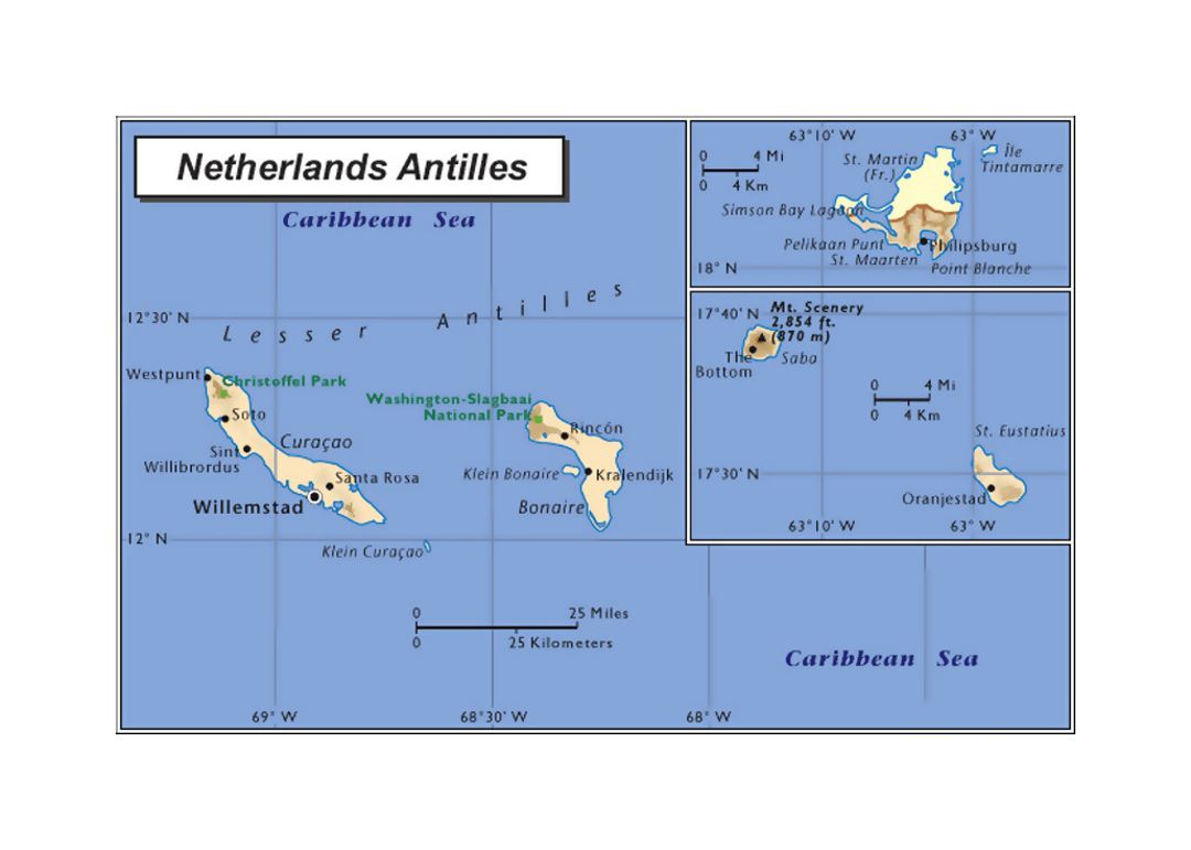 Политическая карта Нидерландских Антильских островов и Арубы с другими пометками