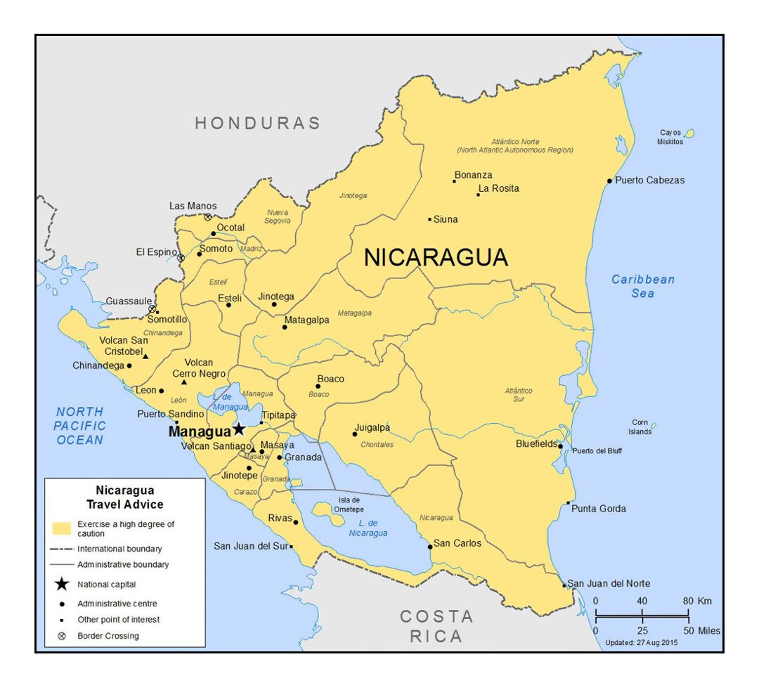 Детальная политическая карта и карта  административных делений Никарагуа с крупными городами