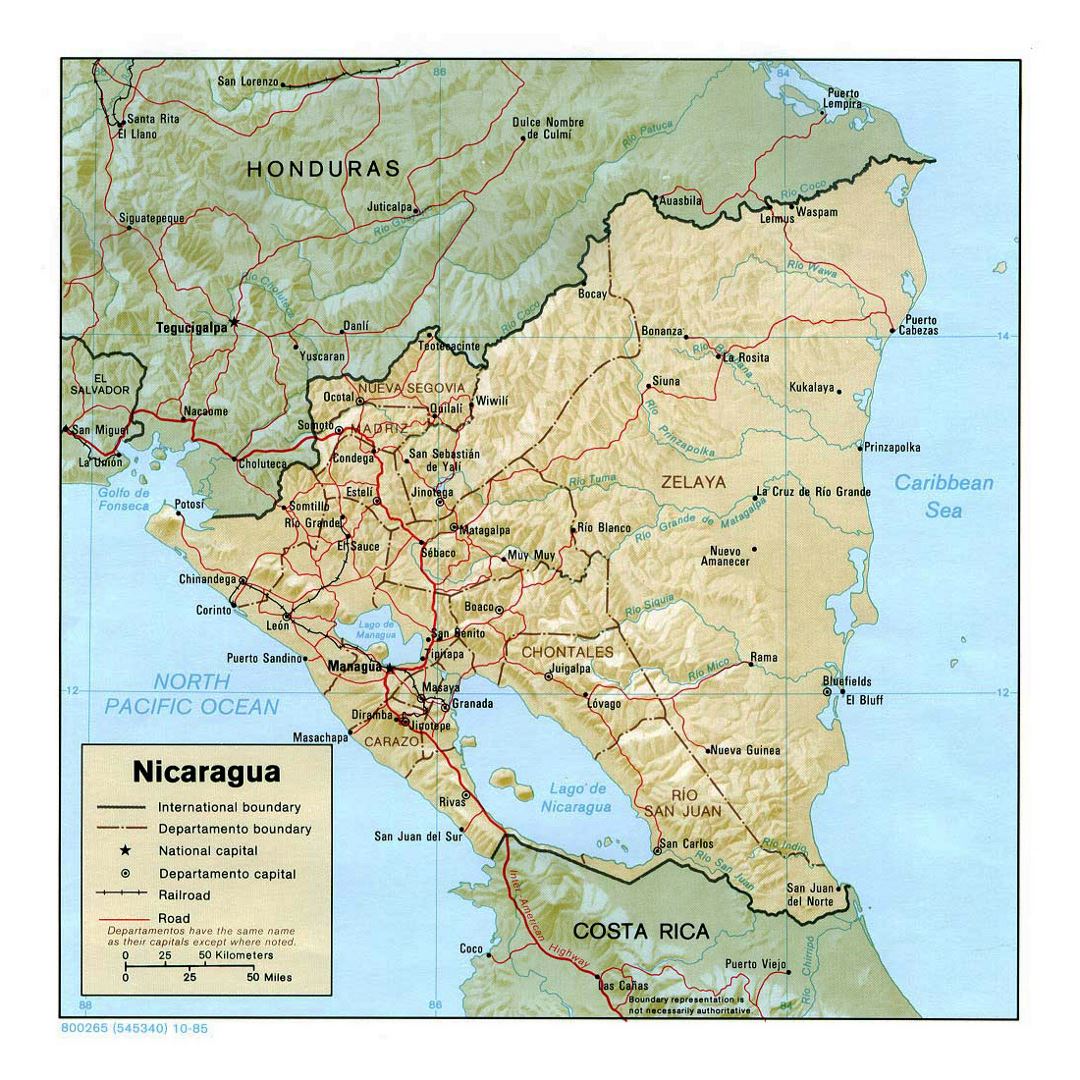 Детальная политическая и административная карта Никарагуа с рельефом, дорогами, железными дорогами и крупными городами - 1985