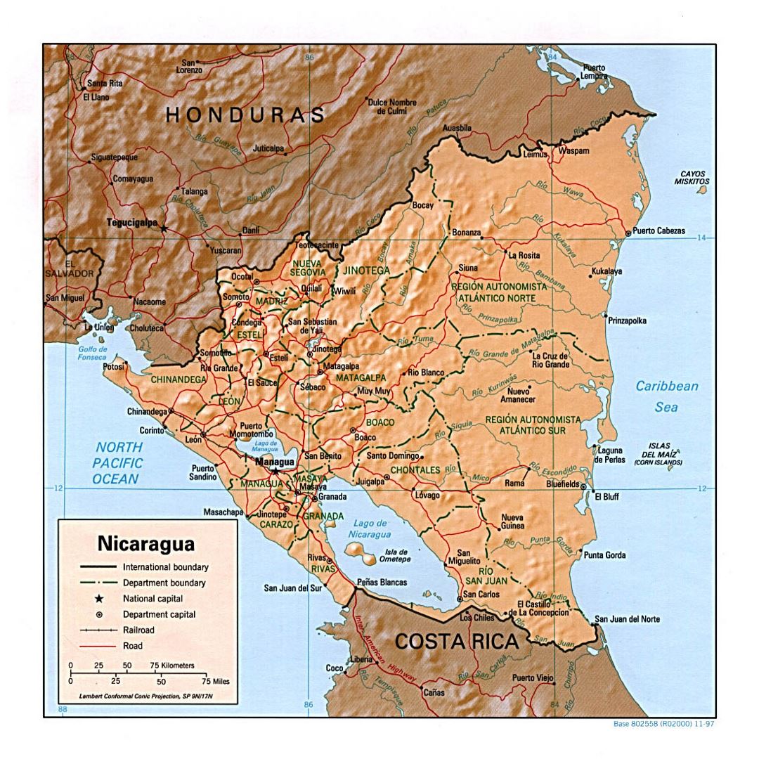 Подробная политическая и административная карта Никарагуа с рельефом, дорогами, железными дорогами и крупными городами - 1997