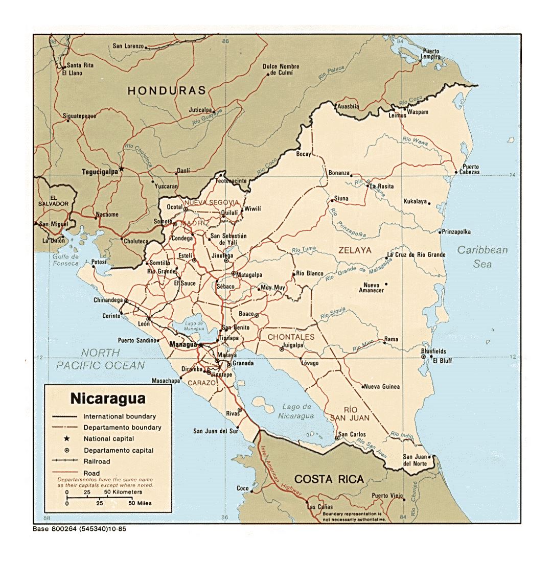 Детальная политическая и административная карта Никарагуа с дорогами, железными дорогами и крупными городами - 1985