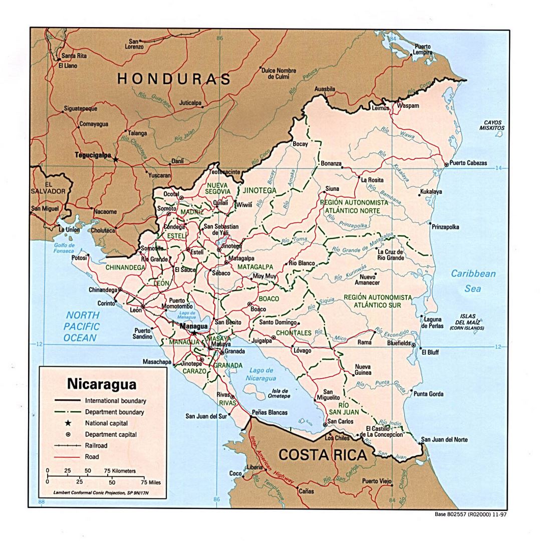 Детальная политическая и административная карта Никарагуа с дорогами, железными дорогами и крупными городами - 1997