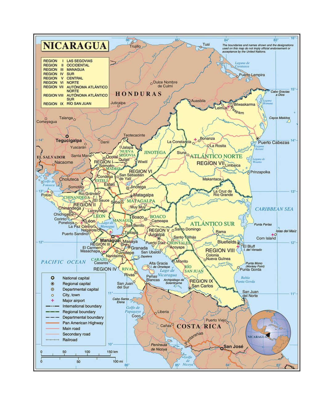Детальная политическая и административная карта Никарагуа с дорогами, железными дорогами, городами и аэропортами