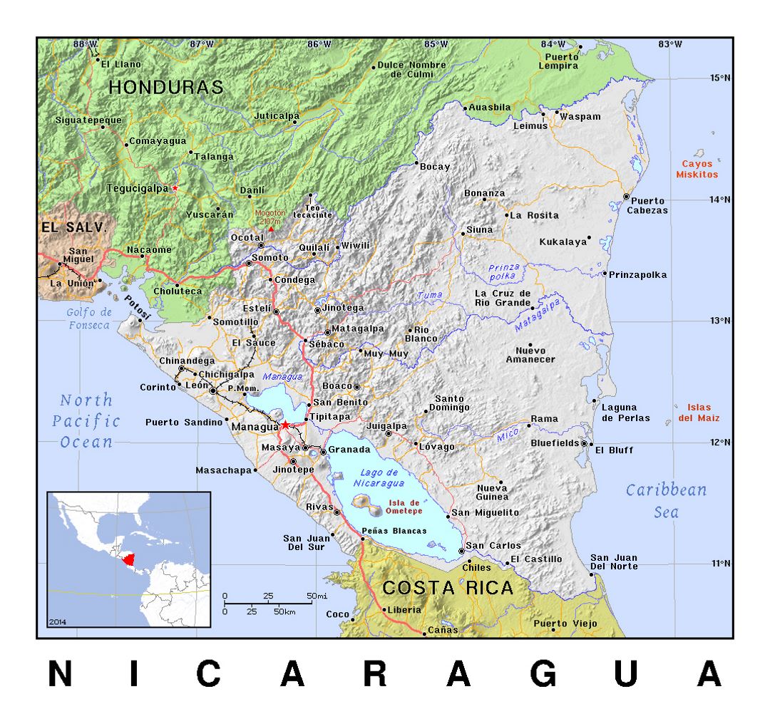 Детальная политическая карта Никарагуа с рельефом