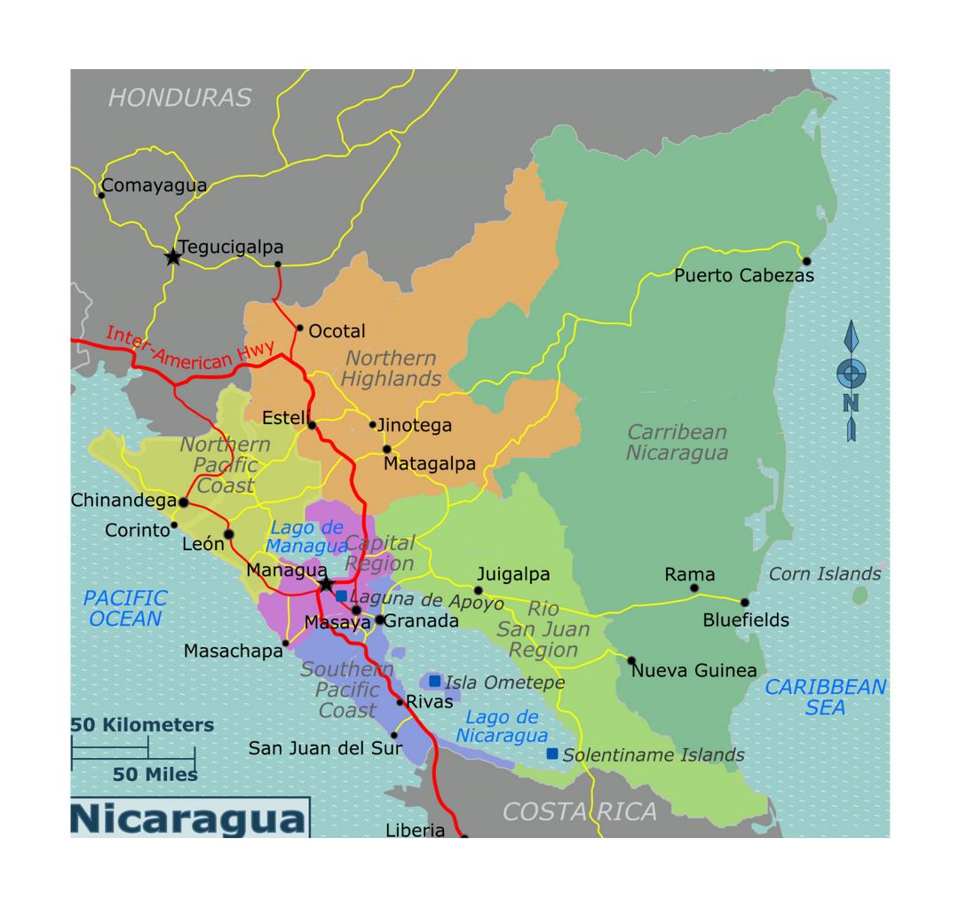 Детальная карта регионов Никарагуа