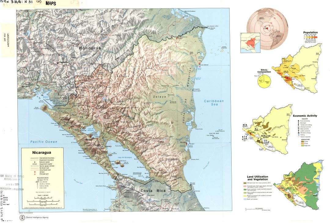 Большая детальная профильна карта страны Никарагуа - 1979