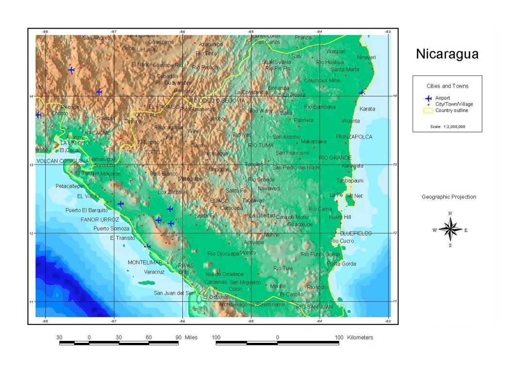Большая детальная карта Никарагуа с рельефом, городами, поселками и аэропортами