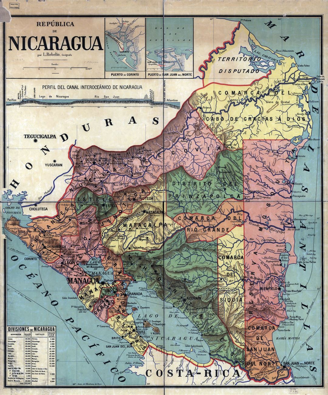 Большая детальная старая карта административного деления Никарагуа - 1913