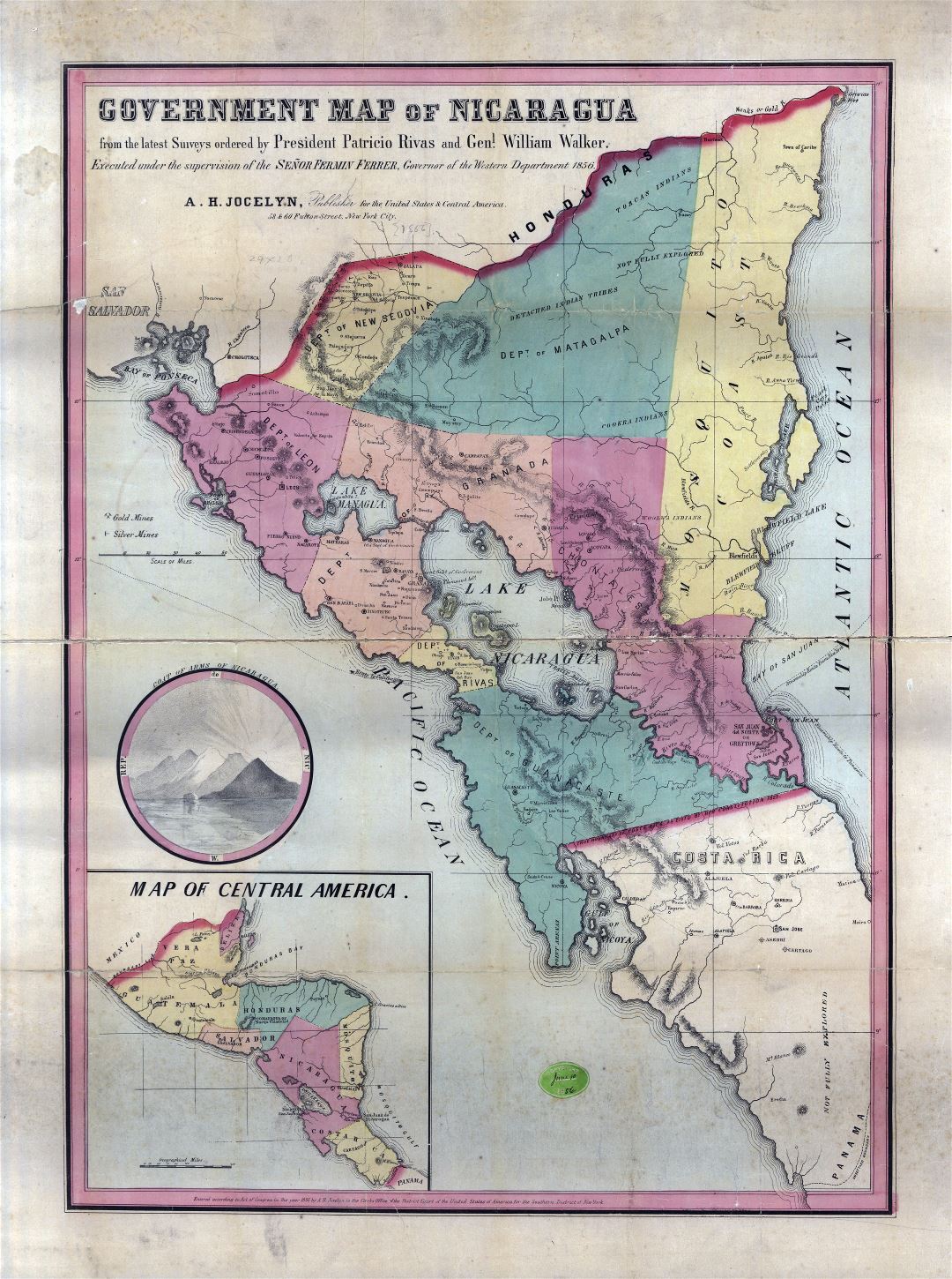 Большая подробная старая правительственная карта Никарагуа - 1856