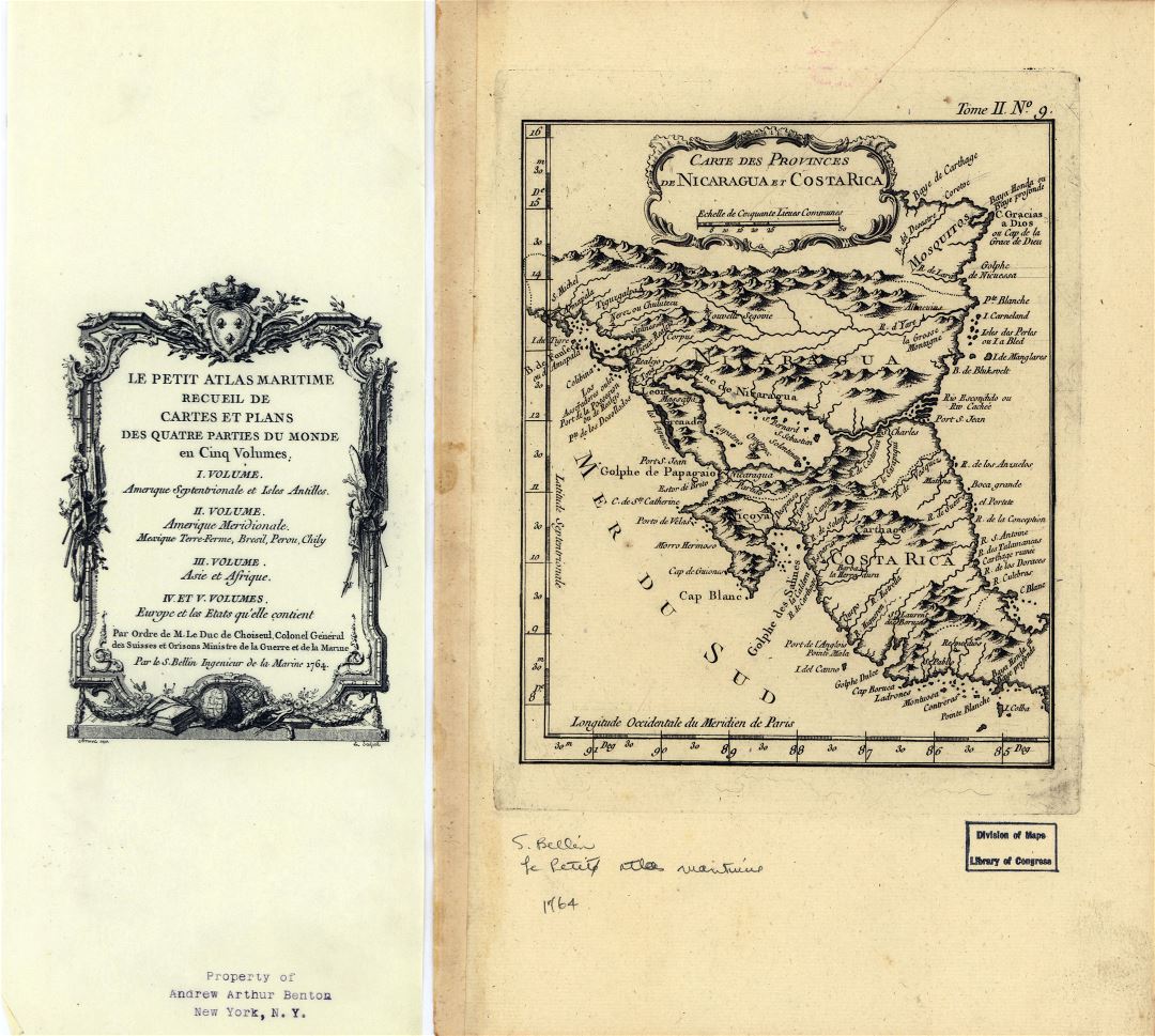 Большая детальная старая карта Никарагуа и Коста-Рики - 1764