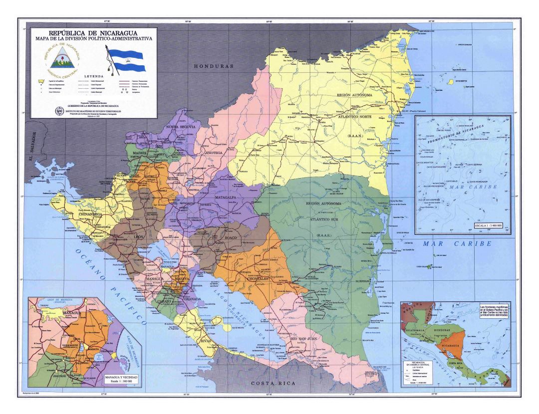 Большая детальная политическая и административная карта Никарагуа с другими пометками