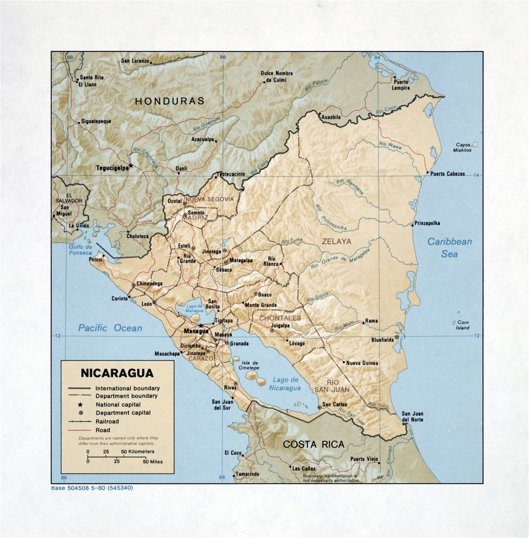Большая детальная политическая и административная карта Никарагуа с рельефом, дорогами, железными дорогами и крупными городами - 1980