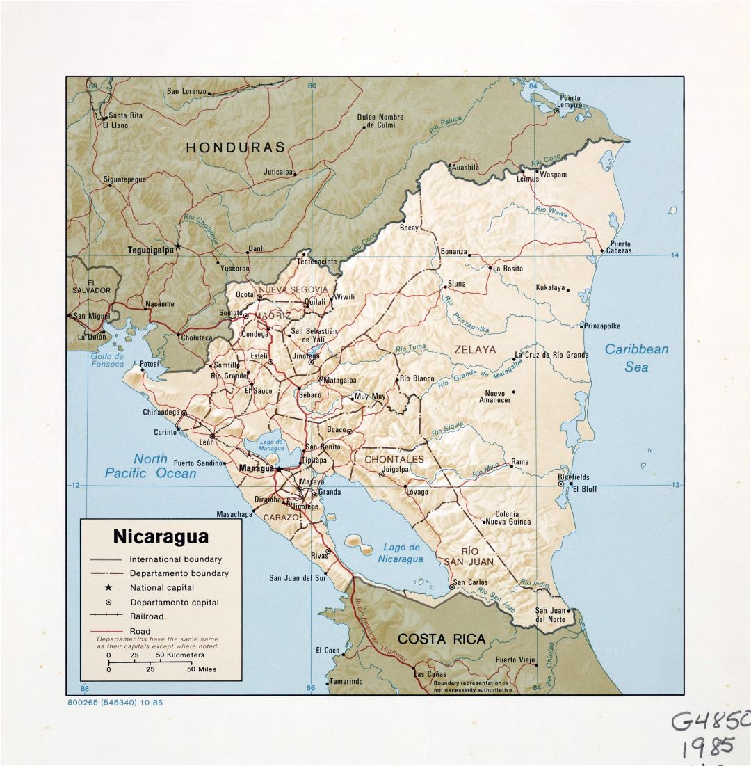 Большая подробная политическая и административная карта Никарагуа с рельефом, дорогами, железными дорогами и крупными городами - 1985