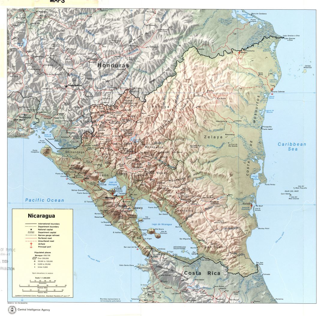 Большая детальная политическая и административная карта Никарагуа с рельефом, дорогами, железными дорогами, городами, портами и аэропортами - 1979