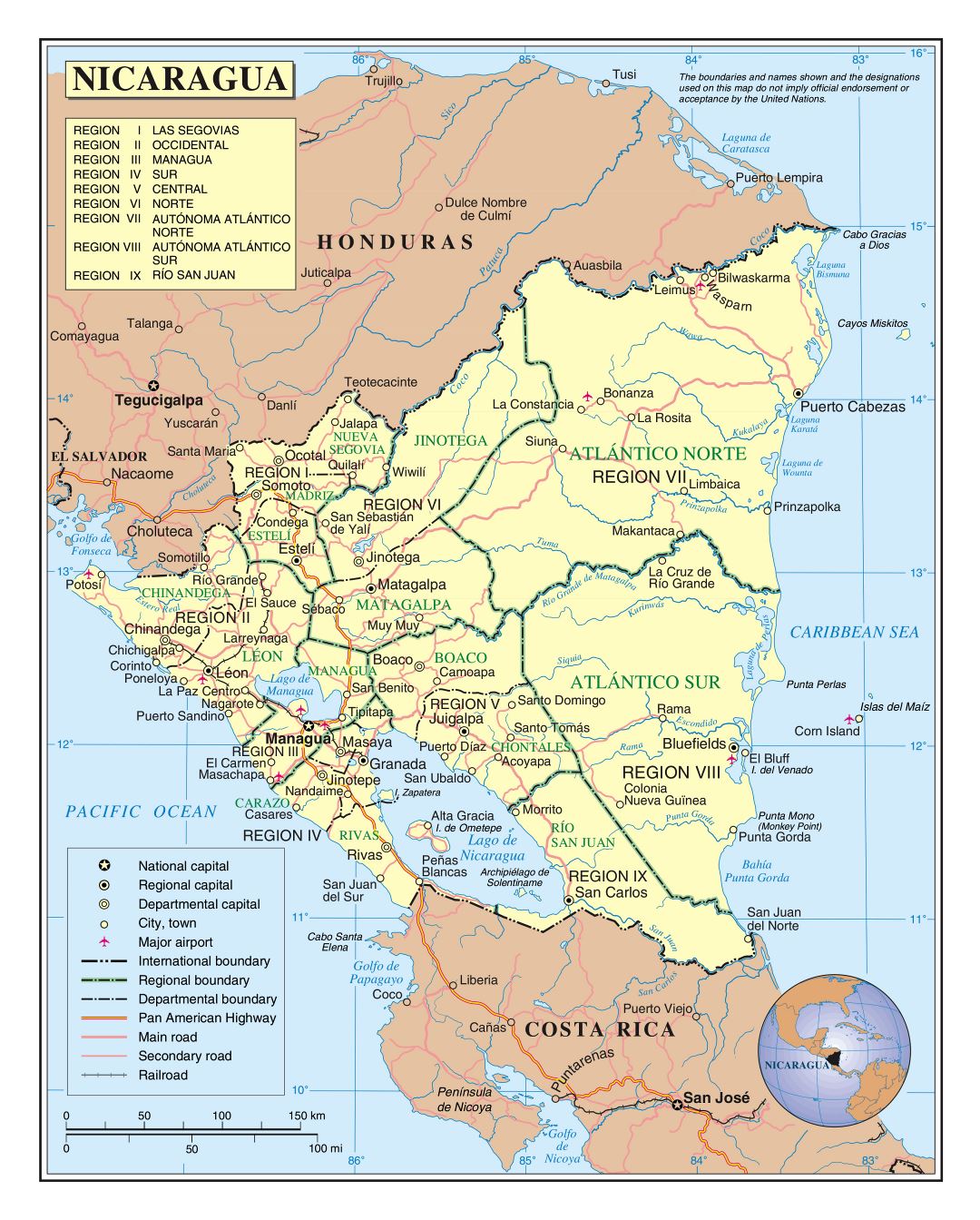 Большая подробная политическая и административная карта Никарагуа с дорогами, железными дорогами, городами и аэропортами