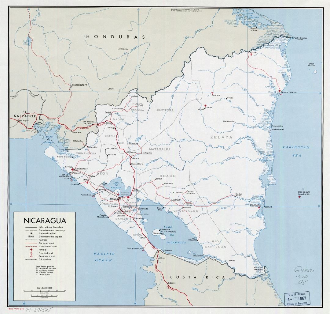 Большая детальная политическая и административная карта Никарагуа с дорогами, железными дорогами, крупными городами, морскими портами, аэропортами и другими пометками - 1970