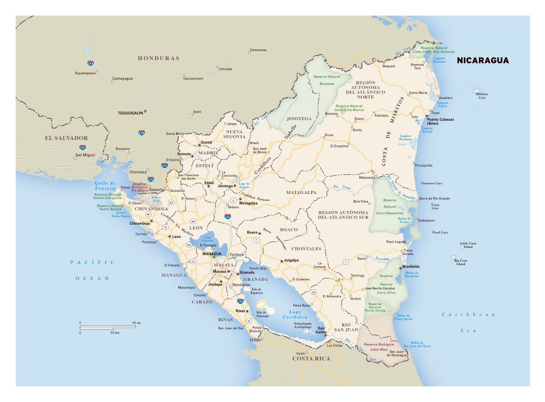 Большая детальная карта дорог Никарагуа с административными делениями, городами и национальными парками