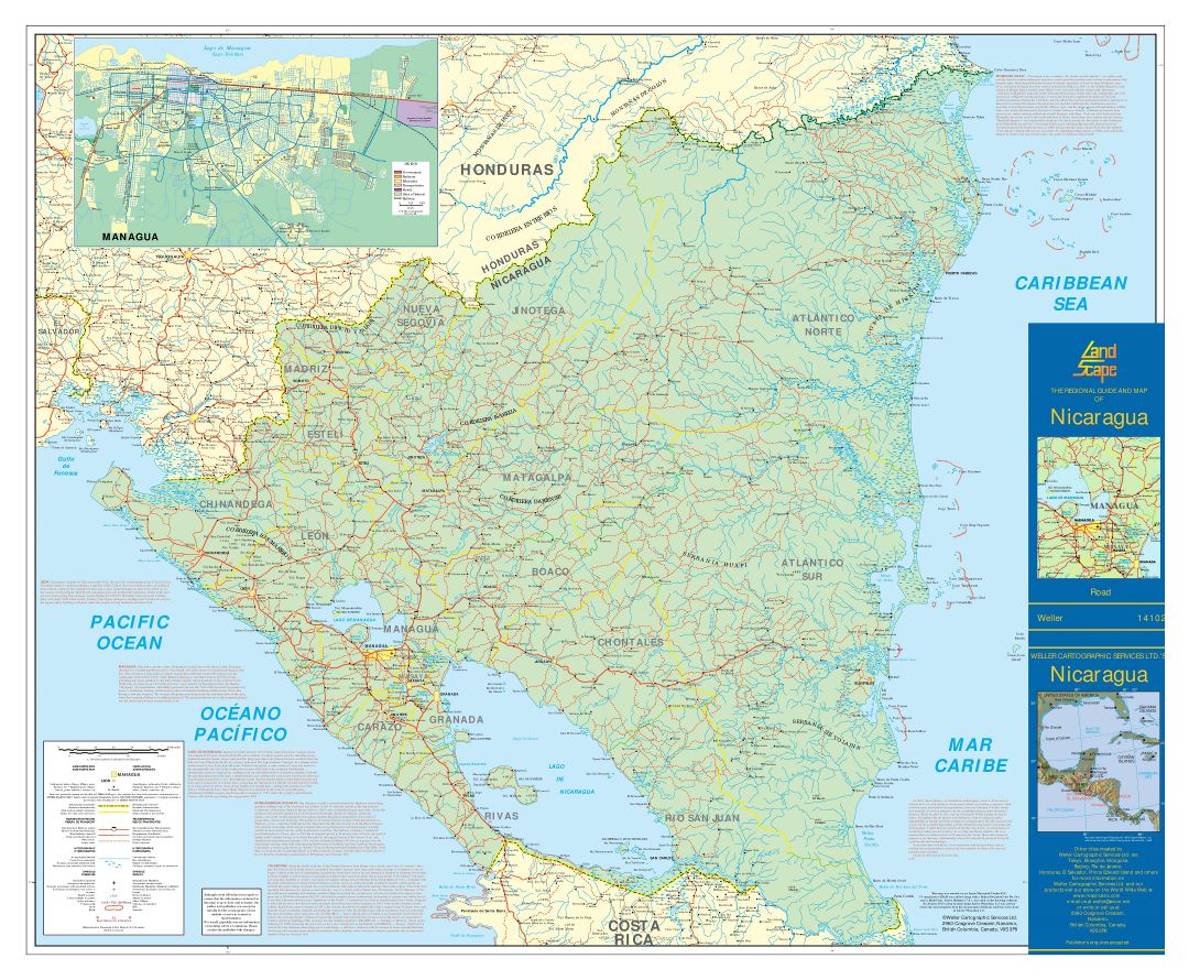 Большая подробная карта дорог Никарагуа с городами, аэропортами и другими пометками