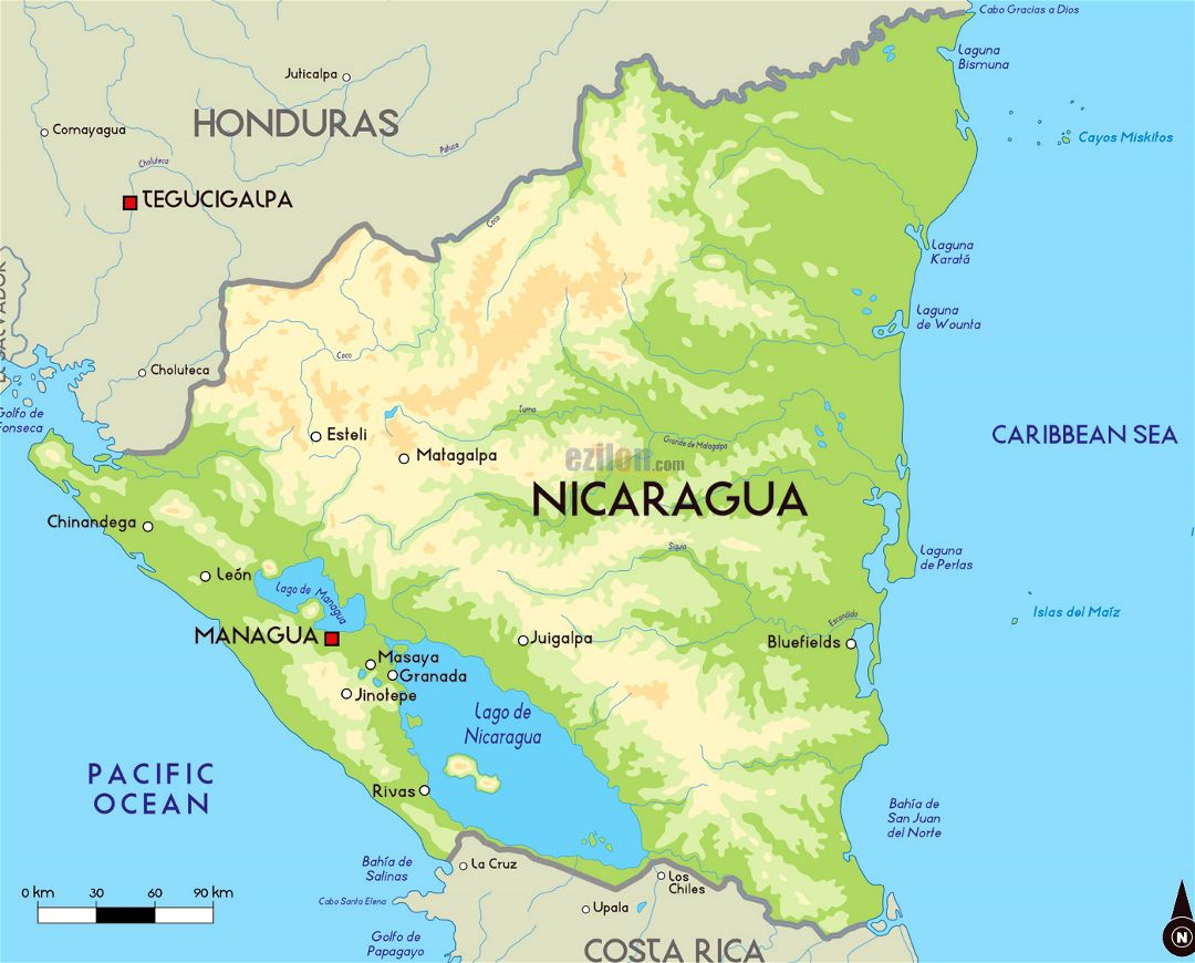 Большая карта высот Никарагуа с крупными городами
