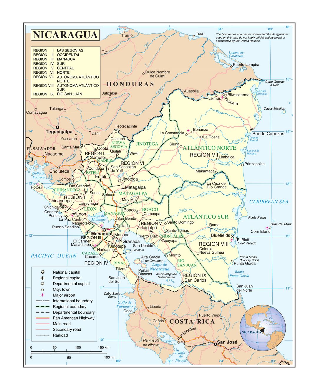 Большая политическая и административная карта Никарагуа с дорогами, железными дорогами, городами и аэропортами