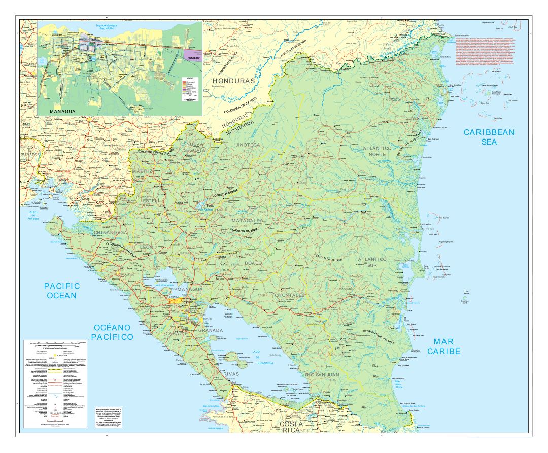 Большая карта дорог Никарагуа с городами, аэропортами и другими пометками