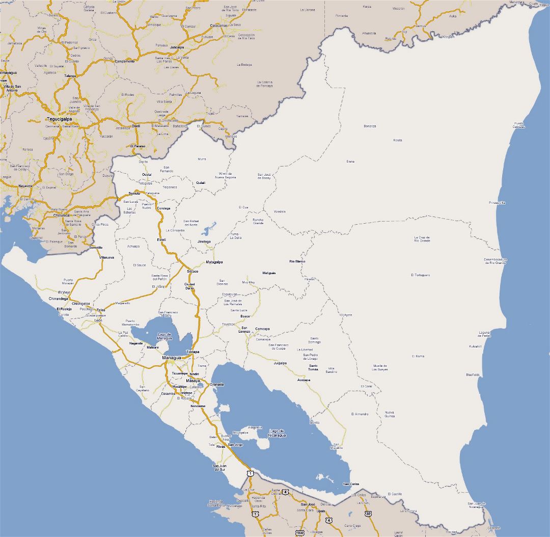 Большая карта дорог Никарагуа с городами